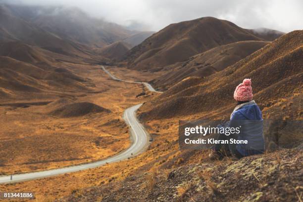 person looking at mountain road - new zealand otago road stock pictures, royalty-free photos & images