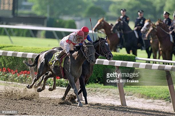Horse Racing: The Belmont Stakes, Edgar Prado in action, winning race aboard Sarava vs Medaglia d'Oro , Elmont, NY 6/8/2002