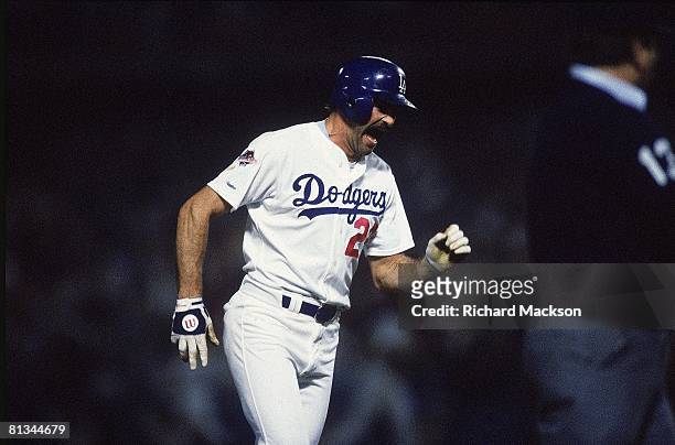 Baseball: World Series, Los Angeles Dodgers Kirk Gibson in action and victorious with injury after hitting game winning HR vs Oakland Athletics, Los...