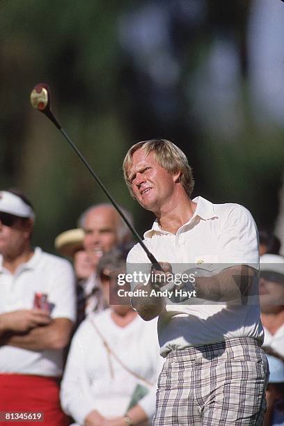 Golf: Bob Hope Desert Classic, Closeup of Jack Nicklaus in action, Palm Springs, CA 1/15/1981