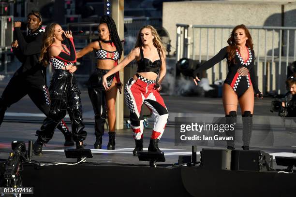 Jade Thirlwall, Leigh-Anne Pinnock, Perrie Edwards and Jesy Nelson of Little Mix perform on stage at the F1 Live in London event at Trafalgar Square...