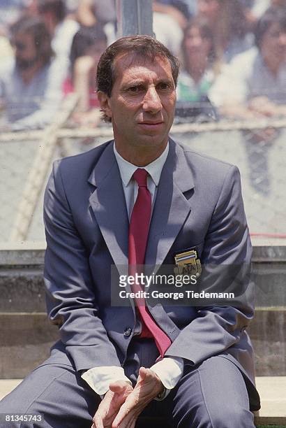 Soccer: World Cup, Closeup of ARG coach Carlos Bilardo sitting on bench, MEX 5/31/1986--6/29/1986