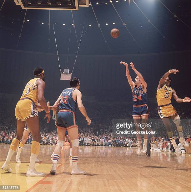 Basketball: NBA Finals, New York Knicks Bill Bradley in action, taking shot vs Los Angeles Lakers Jim McMillian , Inglewood, CA 4/30/1973--5/3/1973