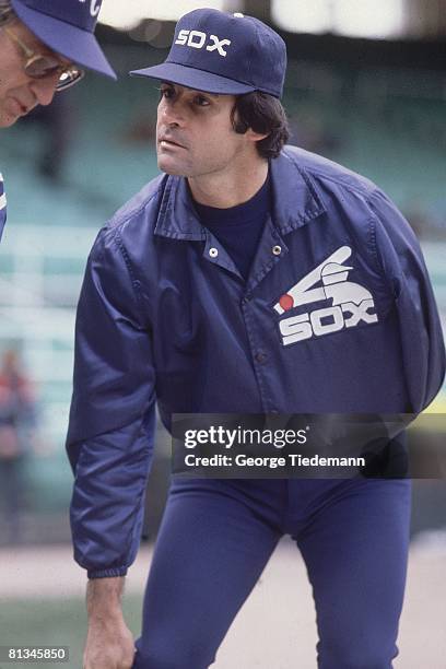 Baseball: Chicago White Sox manager Tony La Russa with Kansas City Royals manager Jim Frey before game, Chicago, IL 4/1/1980--