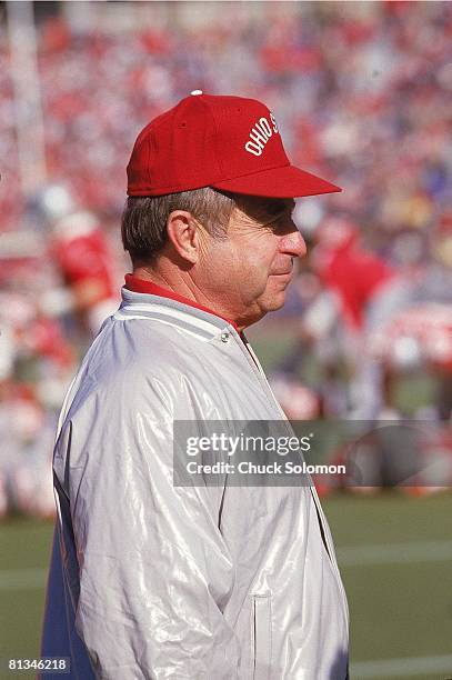 Coll, Football: Closeup of Ohio State coach Earle Bruce during game vs Michigan, Columbus, OH