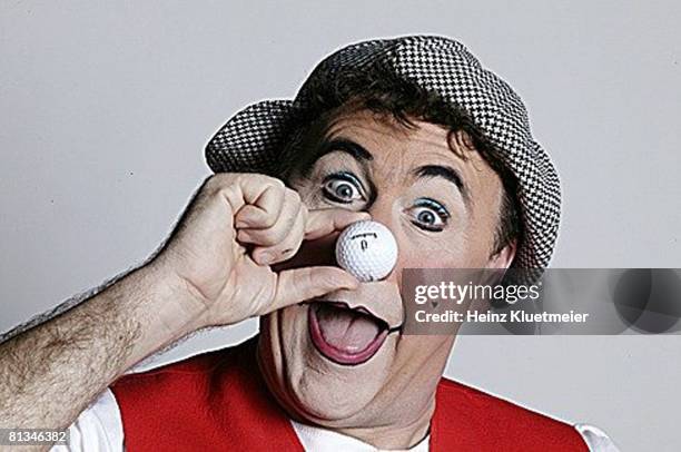 Golf: Closeup portrait of circus clown David Larible with ball, equipment, Philadelphia, PA 4/21/2004