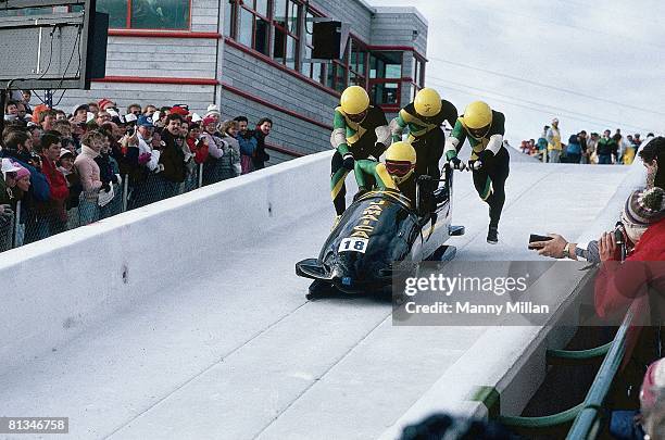 Bobsleigh: 1988 Winter Olympics, JAM four man team in action, Calgary, CAN 2/13/1998