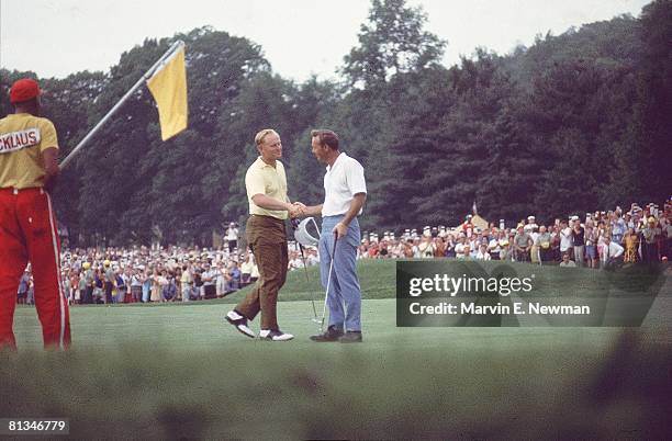 Golf: US Open, Jack Nicklaus victorious with Arnold Palmer after setting 275 stroke record during Sunday play at Baltusrol GC, Springfield, NJ...