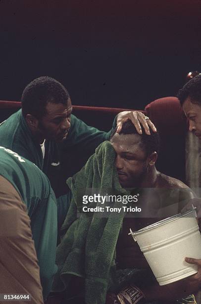 Boxing: WBC/WBA Heavyweight Title, Closeup of Joe Frazier in corner with trainer Eddie Futch during match vs Muhammad Ali at Madison Square Garden,...
