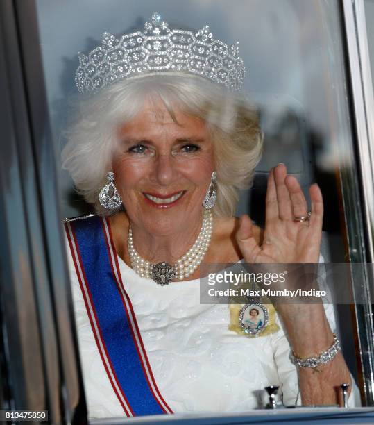Camilla, Duchess of Cornwall attends a State Banquet at Buckingham Palace on day 1 of the Spanish State Visit on July 12, 2017 in London, England....