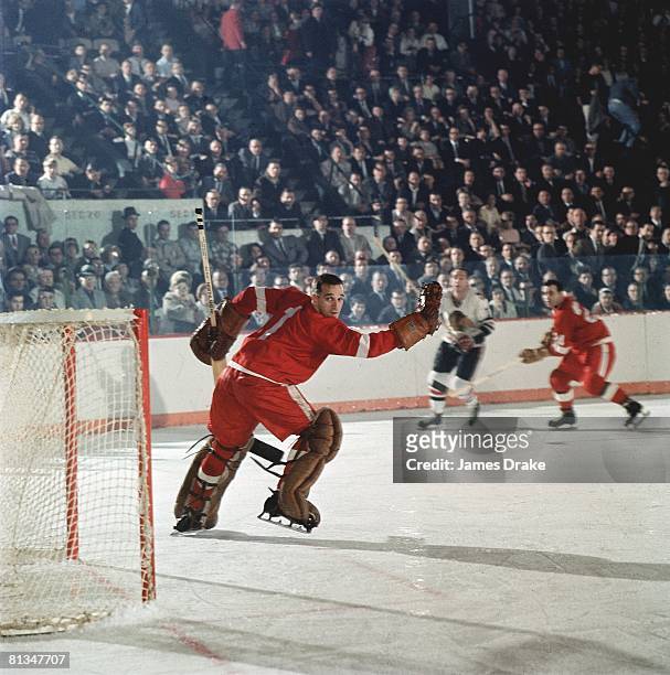 Hockey: NHL Playoffs, Detroit Red Wings goalie Roger Crozier in action vs Chicago Blackhawks, Detroit, MI 4/14/1966
