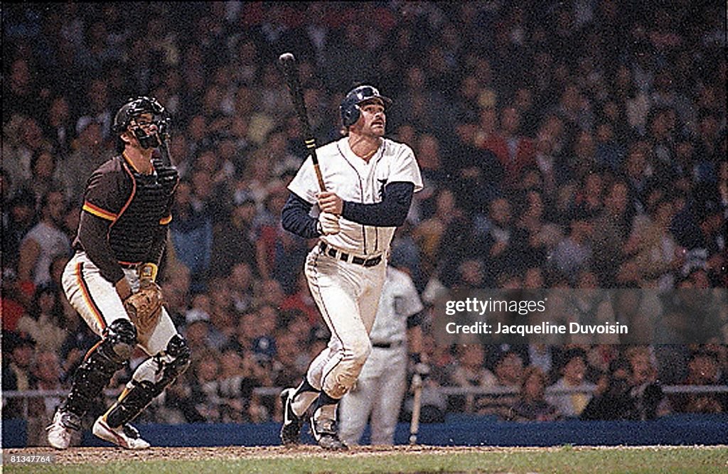 World Series, Detroit Tigers Kirk Gibson in action, hitting HR vs