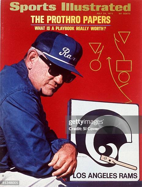 July 24, 1972 Sports Illustrated via Getty Images Cover, Football: Closeup of Los Angeles Rams coach Tommy Prothro, Dye transfer of playbook, Los...