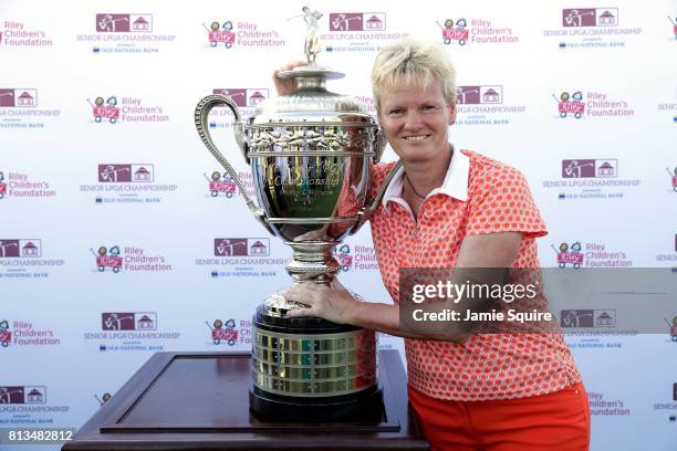 Trish Johnson of England poses with the trophy after winning the Senior LPGA Championship at the French Lick Resort on July 12, 2017 in French Lick,...