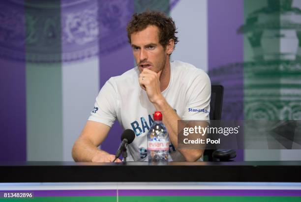 Andy Murray of Great Britain talks during a press conference on day nine of the Wimbledon Lawn Tennis Championships at the All England Lawn Tennis...