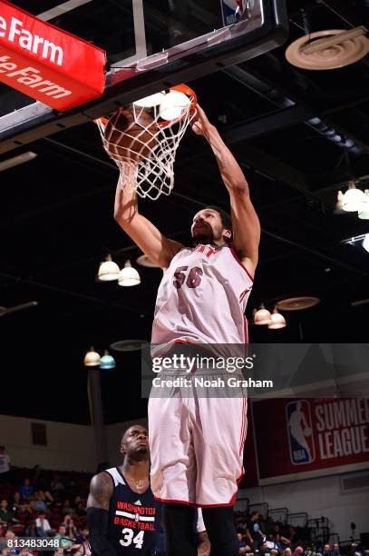 Trey McKinney-Jones of the Miami Heat dunks the ball during the game against the Washington Wizards during the 2017 Las Vegas Summer League on July...