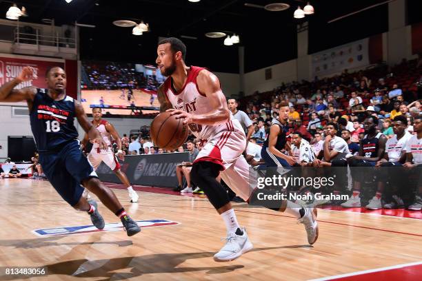 Hammons of the Miami Heat drives to the basket during the game against the Washington Wizards during the 2017 Las Vegas Summer League on July 12,...