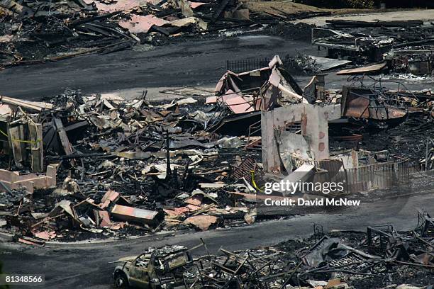 The Universal Studios backlot lies in ruins as fire investigators search for clues to its cause, on June 2, 2008 in Universal City, California. The...