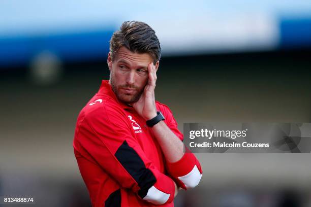 Telford United manager Rob Edwards looks on during the Pre-Season Friendly between AFC Telford United and Aston Villa at New Bucks Head Stadium on...