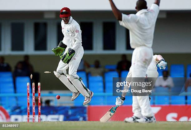 Michael Clarke of Australia is stumped by Denesh Ramdin of West Indies during day four of the Second Test match between West Indies and Australia at...