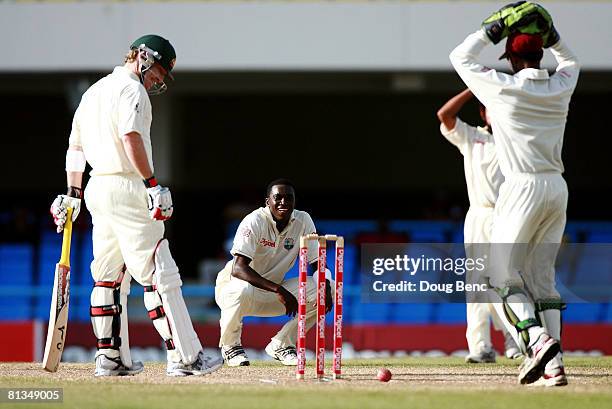 Denesh Ramdin and Fidel Edwards of West Indies and Brad Haddin of Australia look on as the bails fail to dislodge after the ball hit the stumps...