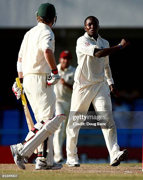 Fidel Edwards of West Indies gestures after taking the wicket of Brett Lee of Australia during day four of the Second Test match between West Indies...