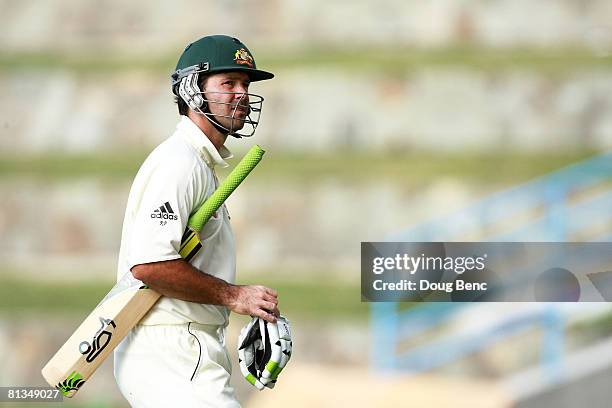 Ricky Ponting of Australia walks off after being dismissed on day four of the Second Test match between West Indies and Australia at Sir Vivian...
