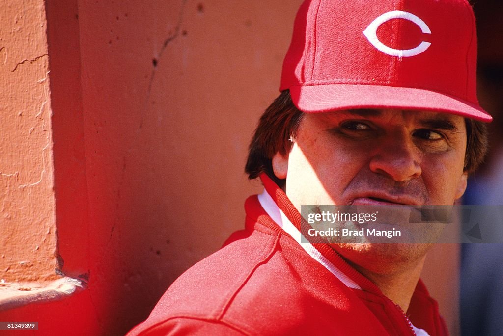 Red Roses Manager Closeup of Cincinnati Reds manager Pete Rose in dugout during game vs ...