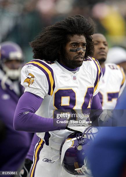 Football: NFC Playoffs, Closeup of Minnesota Vikings Randy Moss during game vs Philadelphia Eagles, Philadelphia, PA 1/16/2005