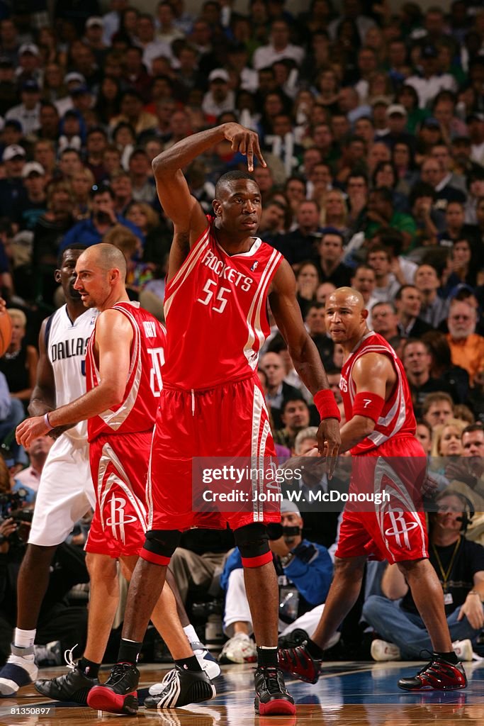 Mutamba Houston Rockets NBA playoffs, Houston Rockets Dikembe Mutombo on court making hand ...