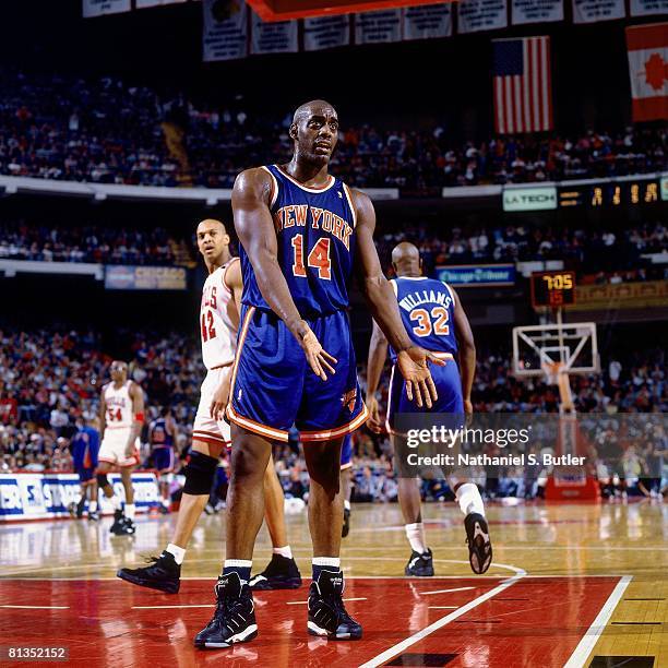 Anthony Mason of the New York Knicks reacts to a call against the Chicago Bulls in Game Six of the Eastern Conference Semifinals during the 1994 NBA...