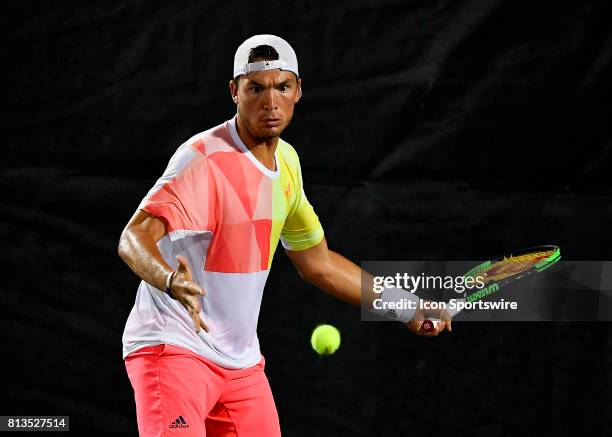 Martin Redlicki in action during the Nielsen Pro Tennis Championship on July 11, 2017 at the A.C. Nielsen Tennis Center in Winnetka, Illinois.