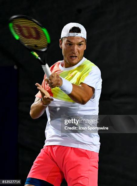 Martin Redlicki in action during the Nielsen Pro Tennis Championship on July 11, 2017 at the A.C. Nielsen Tennis Center in Winnetka, Illinois.