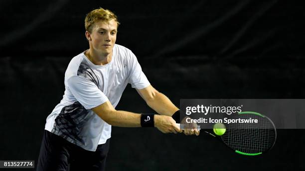 Tom Fawcett in action during the Nielsen Pro Tennis Championship on July 11, 2017 at the A.C. Nielsen Tennis Center in Winnetka, Illinois.