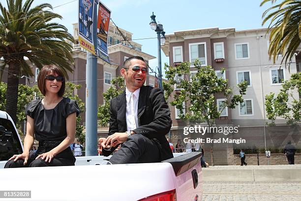 Baseball: MLB Red Carpet Show, Casual view of Seattle Mariners Ichiro Suzuki with wife Yumiko Fukushima aboard truck during All-Star Weekend, San...