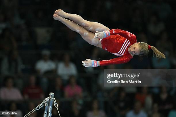 Gymnastics: 40th FIG World Artistic Championships, USA Shawn Johnson in action during Uneven Bars of Team Finals at Hanns-Martin-Schleyer-Halle,...