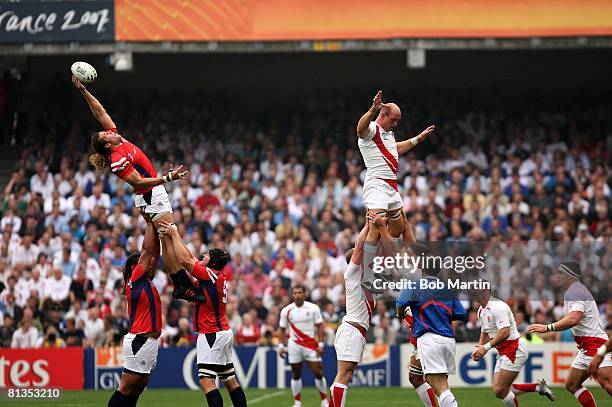 Rugby Union: IRB World Cup, USA Todd Clever in action, getting lifted during line-out vs England Lawrence Dallaglio , Lens, France 9/8/2007