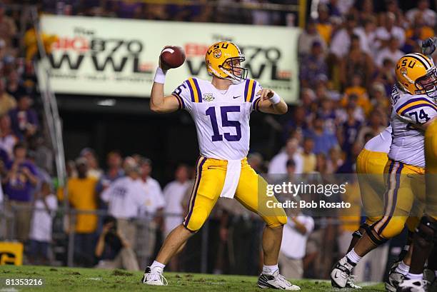 College Football: Louisiana State QB Matt Flynn in action, making pass vs Virginia Tech, Baton Rouge, LA 9/8/2007