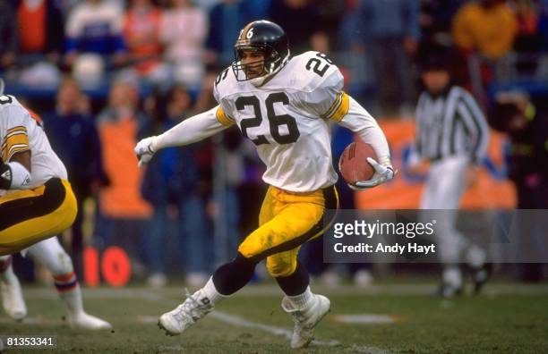 Football: AFC Playoffs, Pittsburgh Steelers Rod Woodson in action, rushing vs Denver Broncos, Denver, CO 1/7/1990