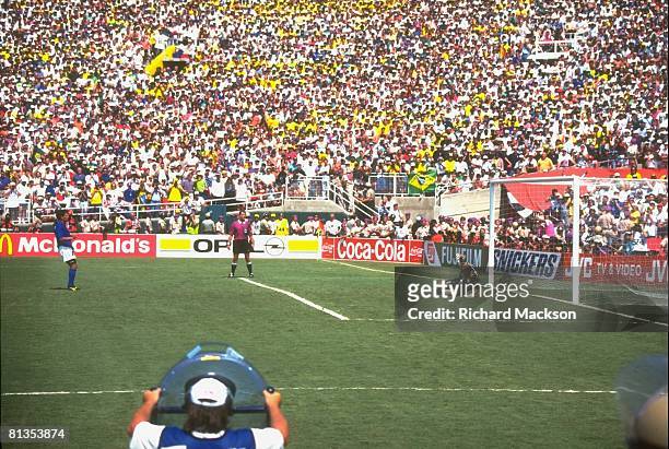 Soccer: World Cup final, ITA Roberto Baggio in action, missing penalty kick and losing game vs BRA goalie Claudio Taffarel , Pasadena, CA 7/17/1994