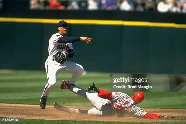 Baseball: San Francisco Giants Royce Clayton in action vs Cincinnati Reds Lenny Harris , San Francisco, CA 5/14/1994