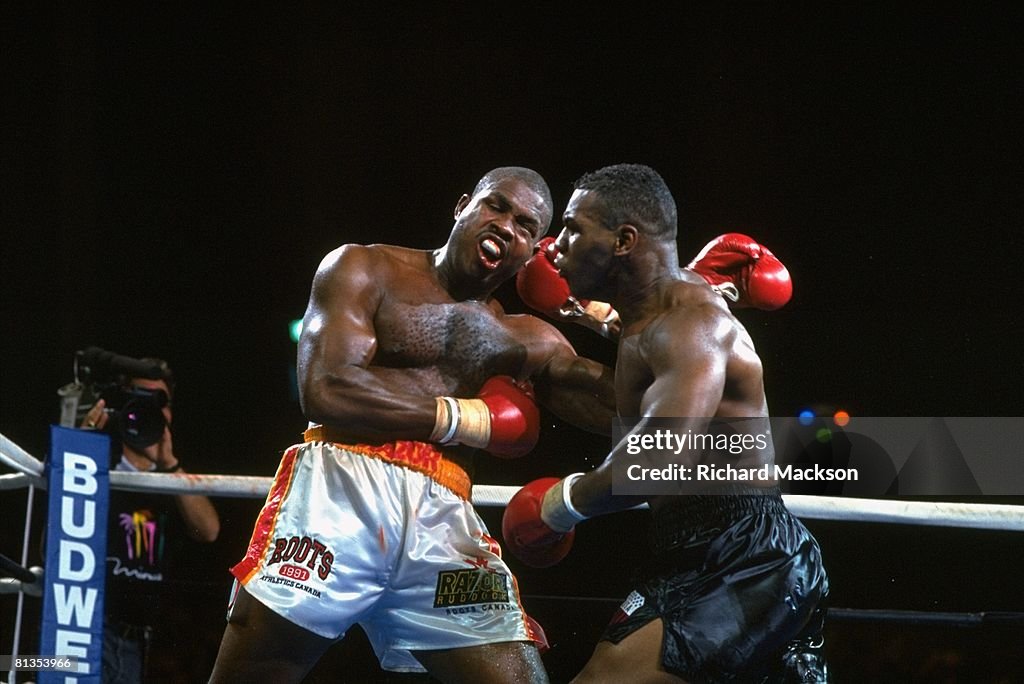 Donovan Razor Ruddock in heavyweight action during punch vs Mike ...