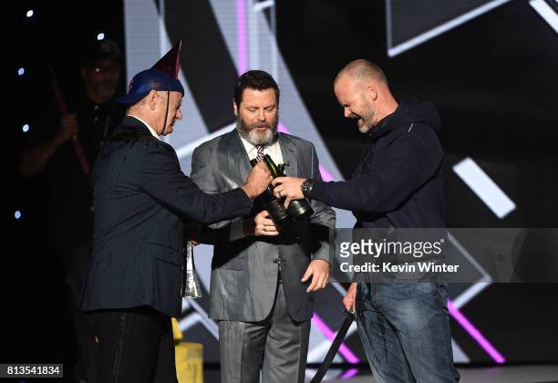 Actors Bill Murray and Nick Offerman and MLB player David Ross accept the Best Moment award on behalf of the 2016 World Series champion Chicago Cubs...