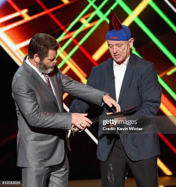 Actors Nick Offerman and Bill Murray accept the Best Moment award on behalf of the 2016 World Series champion Chicago Cubs onstage at The 2017 ESPYS...