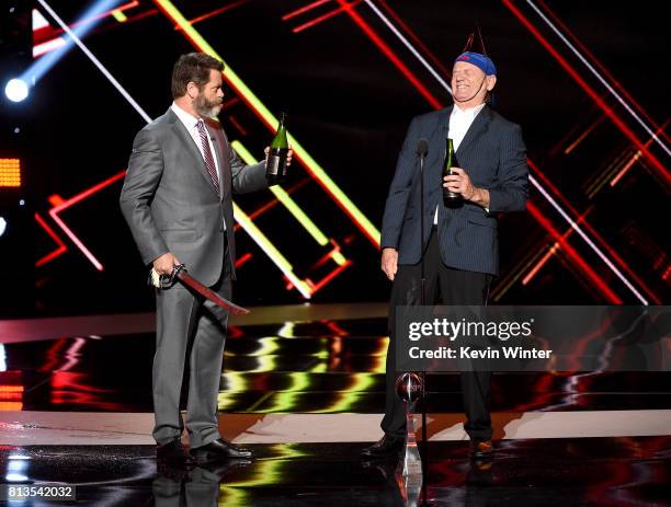 Actors Nick Offerman and Bill Murray accept the Best Moment award on behalf of the 2016 World Series champion Chicago Cubs onstage at The 2017 ESPYS...