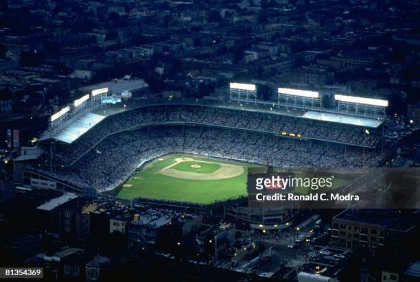 Baseball: Aerial view of Chicago Cubs vs Philadelphia Phillies during first night game at Wrigley Field, stadium, Chicago, IL 8/8/1988