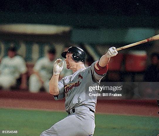 Baseball: Closeup of St, Louis Cardinals Mark McGwire in action, hitting 57th season HR vs Florida Marlins, Miami, FL 9/1/1998