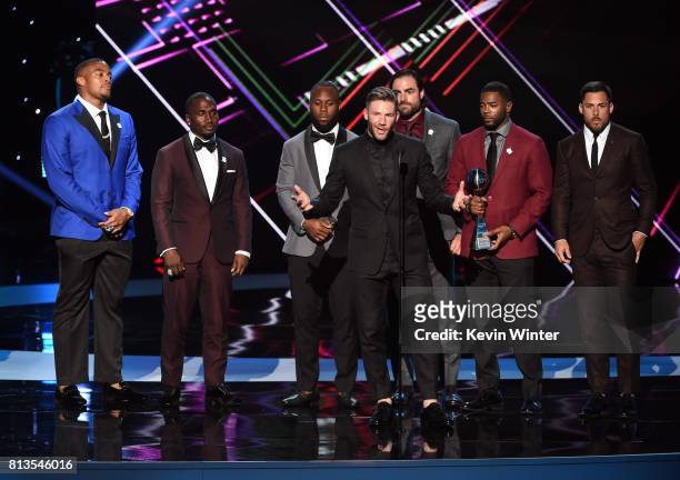 Player Julian Edelman and teammates accept the Best Game award for Super Bowl LI onstage at The 2017 ESPYS at Microsoft Theater on July 12, 2017 in...