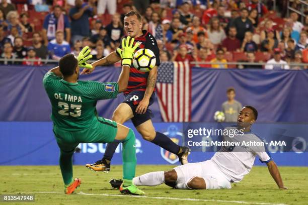 Kevin Olimpa of Martinique blocks the attempt of Jordan Morris of the United States during the 2017 CONCACAF Gold Cup Group B match between the...