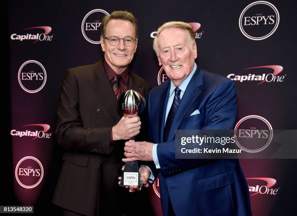 Actor Bryan Cranston poses with sportscaster Vin Scully, recipient of the Icon Award, at The 2017 ESPYS at Microsoft Theater on July 12, 2017 in Los...